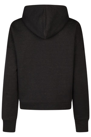 L'image représente un sweat-shirt noir à capuche vu de dos. Le sweat-shirt est de coupe classique avec une capuche intégrée dans le col. Les manches sont longues et se terminent par des poignets élastiques, offrant une coupe ajustée. Le tissu semble être un matériau confortable, probablement du coton ou un mélange similaire, avec de petites taches ou points de couleur plus claire disséminés sur toute la surface, lui donnant un aspect légèrement brillant ou pailleté. La coupe globale est...