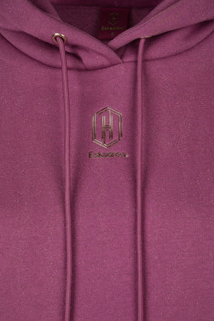 L'image présente une vue rapprochée d'un sweat-shirt à capuche de couleur bordeaux. Le sweat-shirt semble être de la marque "Eskadron", comme l'indique le texte visible sur la poitrine. Le logo de la marque, qui est un hexagone avec les lettres "Esk" à l'intérieur, est brodé en relief sur le côté gauche de la poitrine. Le tissu du sweat-shirt est texturé avec de petites perforations, donnant une apparence matelassée. Le sweat-shirt est équipé d'une capuche avec des cordons de serrage, et les...