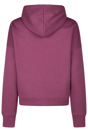 L'image montre un sweat-shirt à capuche de couleur violette. Le vêtement est photographié de dos, révélant plusieurs détails de sa conception. - **Capuche** : Le sweat-shirt possède une capuche intégrée, typique des hoodies. La capuche est positionnée au centre et semble être une capuche standard sans cordon de serrage visible. - **Manches** : Les manches longues du sweat-shirt s'étendent jusqu'aux poignets. Elles sont bien ajustées et se terminent par des bordures côtelées, offrant un...