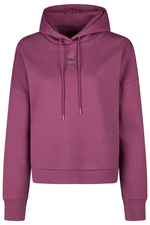L'image montre un sweat-shirt à capuche de couleur bordeaux. Voici une description détaillée : 1. **Couleur** : Le sweat-shirt est de couleur bordeaux, un ton de pourpre profond. 2. **Coupe** : Il s'agit d'un sweat-shirt à capuche avec une coupe légèrement ample. Les manches sont longues et droites, avec des poignets élastiqués. 3. **Capuche** : La capuche est ajustée et munie de cordons de serrage assortis à la couleur du sweat-shirt. 4. **Logo** : Sur le côté gauche de la poitrine, il y a...