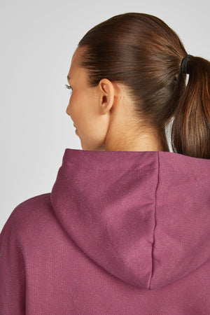 Dans cette image, on voit une personne de dos, vêtue d'un sweat-shirt rose avec une capuche. La capuche est relevée et repose sur ses épaules. La personne a les cheveux bruns attachés en une queue de cheval haute et serrée avec un élastique noir. La texture du sweat-shirt semble douce et légèrement brillante, donnant un aspect confortable et décontracté. L'arrière-plan est uniforme et blanc, ce qui met en avant la couleur du sweat-shirt et les détails de la coiffure. L'image est bien...
