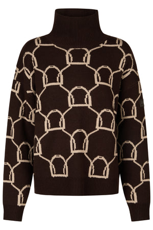 L'image représente un pull à col roulant avec un motif distinctif. Le pull est principalement de couleur marron foncé et présente un motif répétitif en blanc cassé ou beige clair. Le motif est composé de formes géométriques abstraites qui ressemblent à des arches ou des portes stylisées, disposées de manière régulière sur toute la surface du pull. Le col roulant est bien ajusté, offrant une couverture complète du cou. Les manches sont longues et semblent être de longueur standard, s'arrêtant...