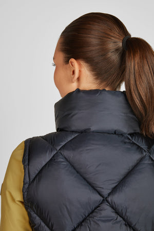 L'image montre une femme vue de dos. Elle porte un gilet noir matelassé, avec un col haut qui semble rembourré pour offrir une protection supplémentaire contre le froid. Le gilet est doté de coutures diagonales qui forment un motif en losanges, typique des vêtements matelassés. En dessous du gilet, elle porte un haut de couleur moutarde. Ses cheveux sont attachés en une queue de cheval haute et serrée, maintenue par un élastique noir. La coupe de cheveux est soignée, avec une frange qui...
