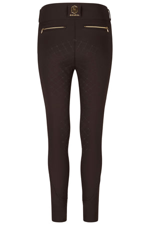L'image présente une paire de pantalons d'équitation noirs, vus de dos. Les pantalons sont conçus avec une coupe ajustée, mettant en valeur la silhouette des jambes. Ils sont fabriqués dans un tissu qui semble élastique, offrant une certaine élasticité pour un confort optimal lors des mouvements. Les caractéristiques notables incluent : - **Deux fermetures éclair dorées** situées sur le haut du dos, de chaque côté de la ceinture. Ces fermetures éclair ajoutent une touche élégante tout en...