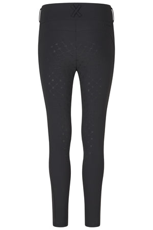 L'image montre un pantalon d'équitation noir conçu pour les cavalières. Ce pantalon est coupe-vent et présente plusieurs caractéristiques spécifiques qui le rendent adapté à l'équitation. 1. **Matériau et conception**: Le pantalon semble être fabriqué dans un tissu extensible et respirant, probablement conçu pour offrir confort et liberté de mouvement. La partie inférieure des jambes est ajustée pour assurer une bonne tenue à la jambe et éviter les plis inconfortables. 2. **Taille et...