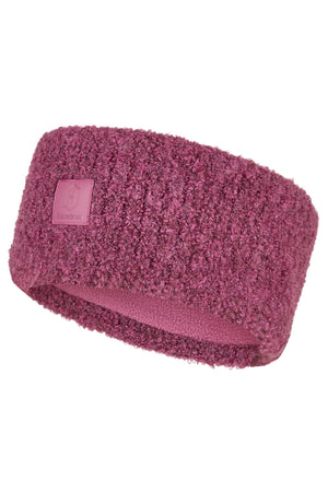 L'image présente un bandeau tricoté de couleur rose vif. Le bandeau est fabriqué dans un matériau qui semble doux et moelleux, offrant probablement une grande chaleur et confort. Le motif du tricot est texturé, avec des points qui donnent une apparence légèrement pelucheuse. Sur le côté gauche du bandeau, il y a une étiquette de marque rectangulaire, également rose mais plus foncée. L'étiquette porte le logo de la marque "Lundhags", avec le mot "Lundhags" écrit en lettres blanches et un...