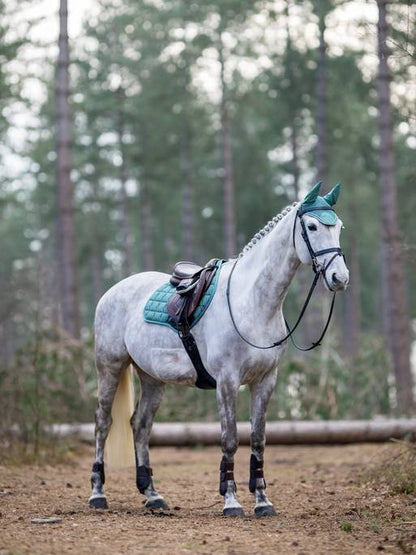 Le Mieux – Tapis de CSO Carbon Mesh Vert Sage sur cheval gris | Sellerie Bucéphale
