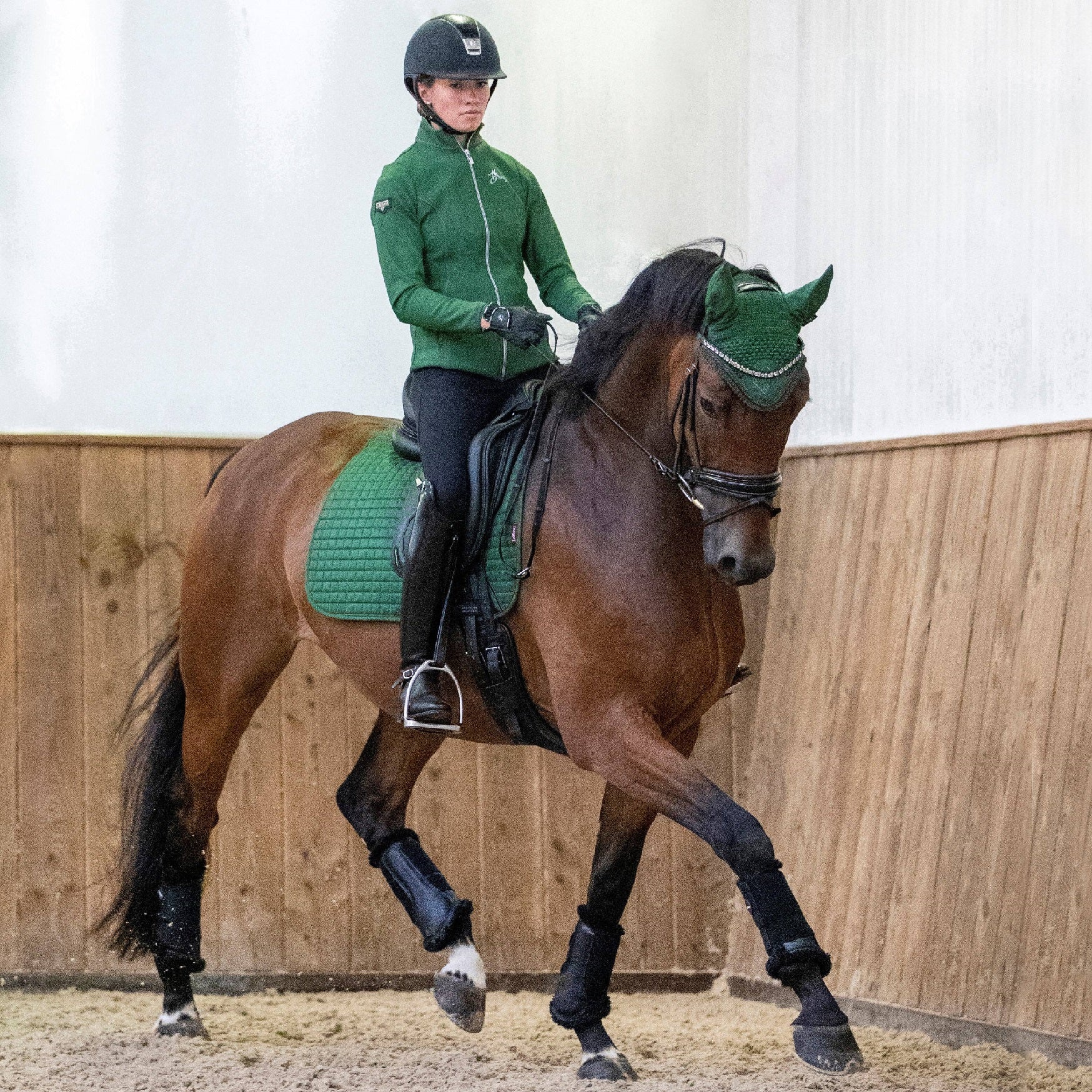 Tapis de Dressage Suede Square LeMieux Hunter Green Dressage cheval au trot | Sellerie Bucéphale
