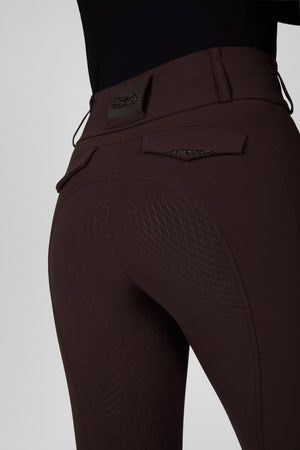 Pantalon d'équitation femme Pikeur Cantira MatrixGripTec, coloris chocolate brown, porté, détail