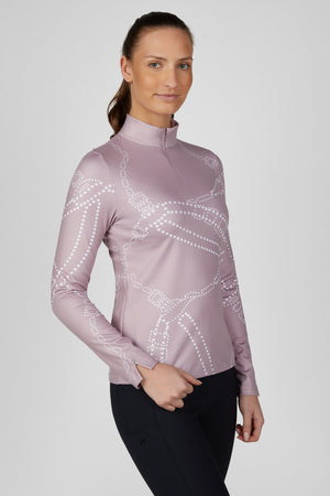 Pikeur Haut technique zippé ZIP PRINT, coloris ash mauve, porté vue de face