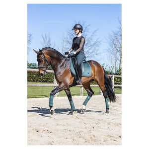 Anky – Bandes de polo Velvet Forest vert assorties au tapis Anky Velvet sur le cheval au trot | Sellerie Bucéphale