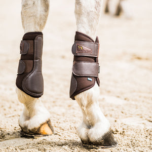Guêtre 3D Mesh "Airflow" Back on Track Marron sur les antérieurs du cheval vu de l'arrière | Sellerie Bucéphale
